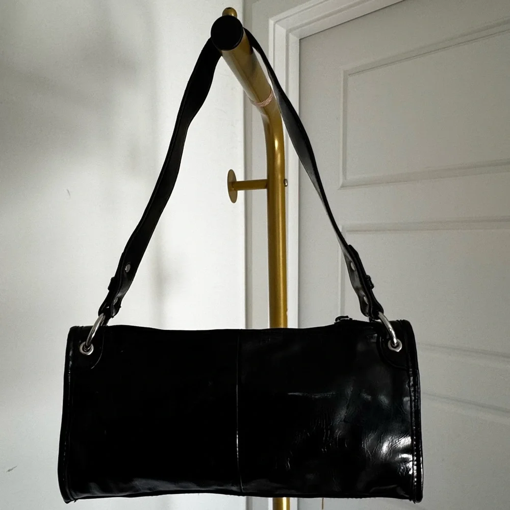 Y2K Vintage Vegan Patent Leather Versatile‎ Slim Bag Black Pouchette Cyber 90s - Picture 9 of 13